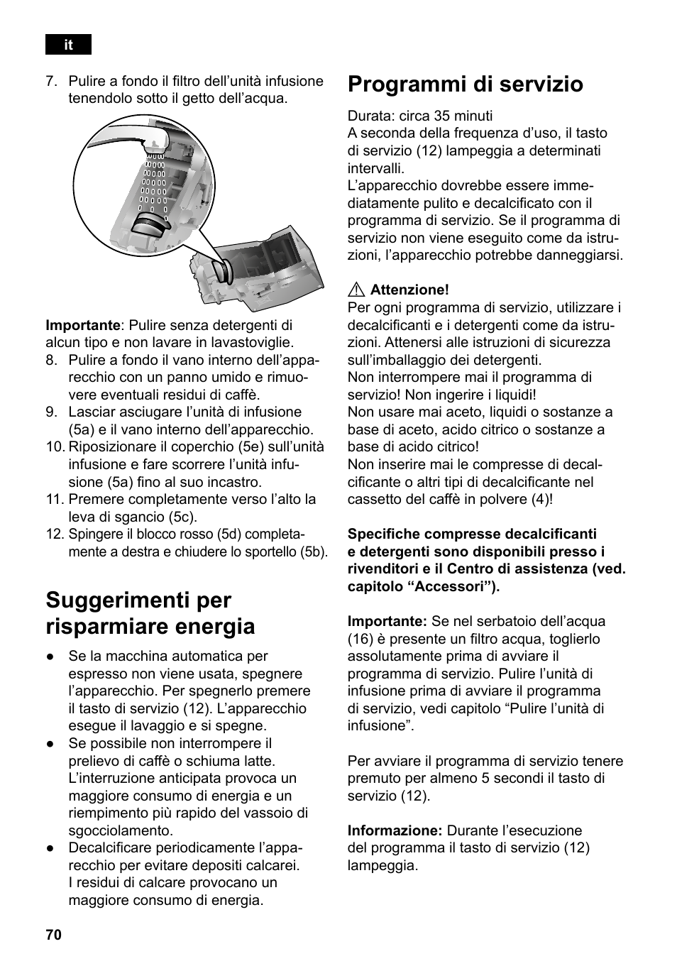 Suggerimenti per risparmiare energia, Programmi di servizio | Siemens TE501501DE User Manual | Page 74 / 86