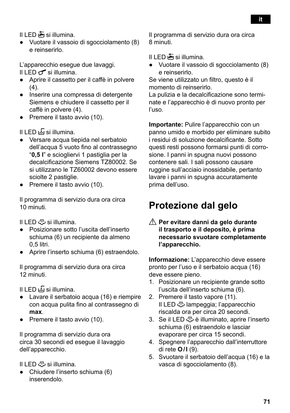 Protezione dal gelo | Siemens TE501501DE User Manual | Page 75 / 86