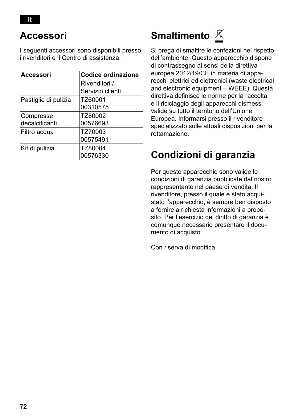 Accessori, Smaltimento, Condizioni di garanzia | Siemens TE501501DE User Manual | Page 76 / 86