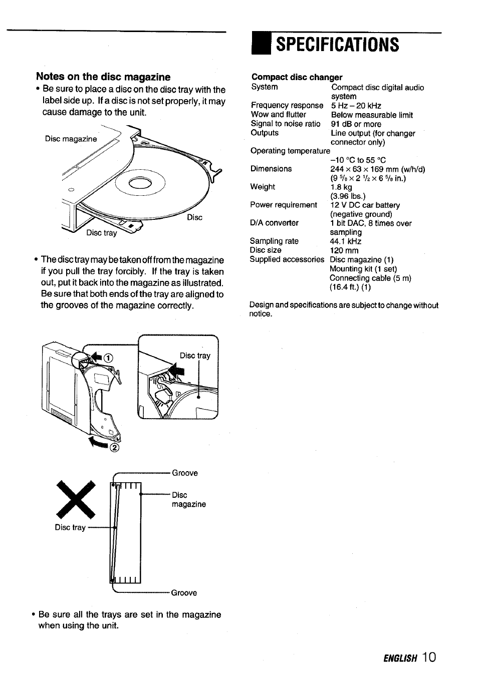 Specifications, Notes on the disc magazine, Compact disc changer | Aiwa ADC-M60 User Manual | Page 11 / 32