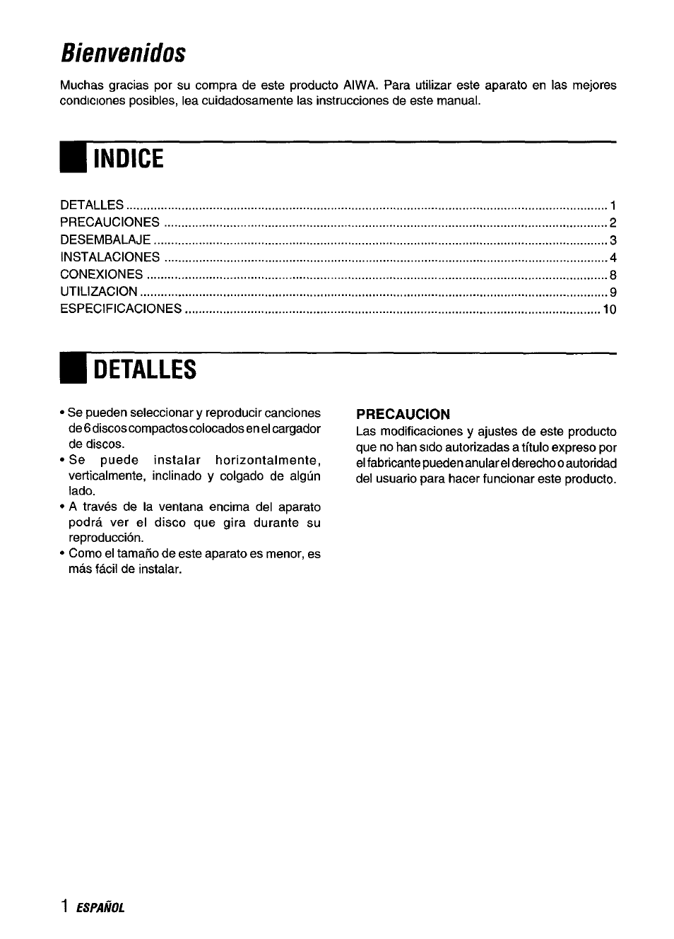 Bienvenidos, Indice, Detalles | Precaucion | Aiwa ADC-M60 User Manual | Page 12 / 32
