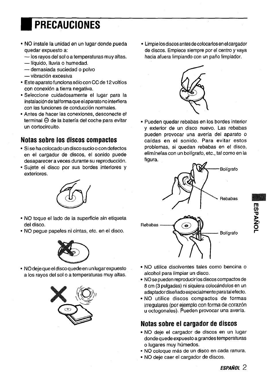 Notas sobre los discos compactos, Notas sobre el cargador de discos, Precauciones | Aiwa ADC-M60 User Manual | Page 13 / 32