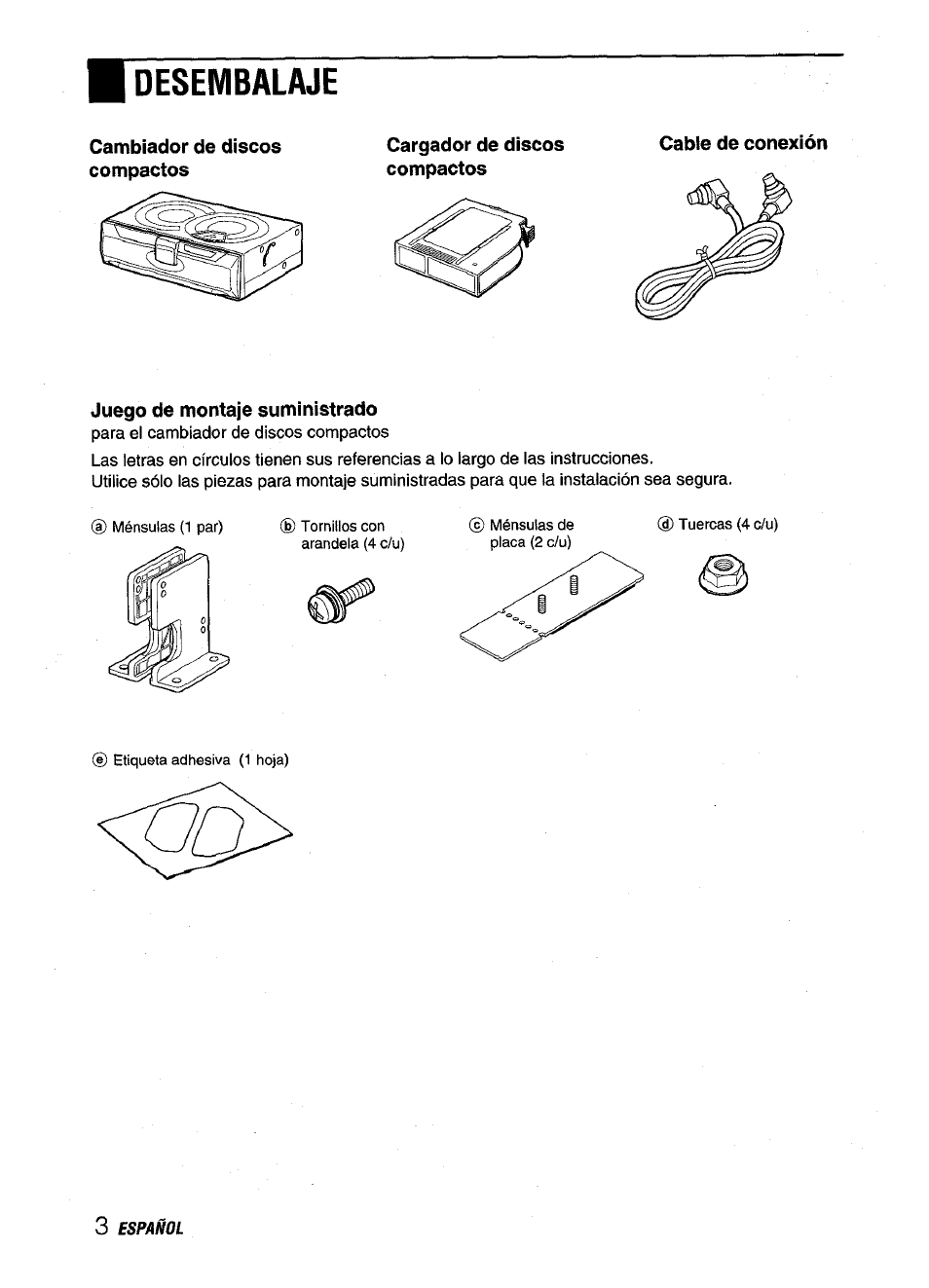 Desembalaje, Cambiador de discos compactos, Cargador de discos compactos | Cable de conexión, Juego de montaje suministrado | Aiwa ADC-M60 User Manual | Page 14 / 32