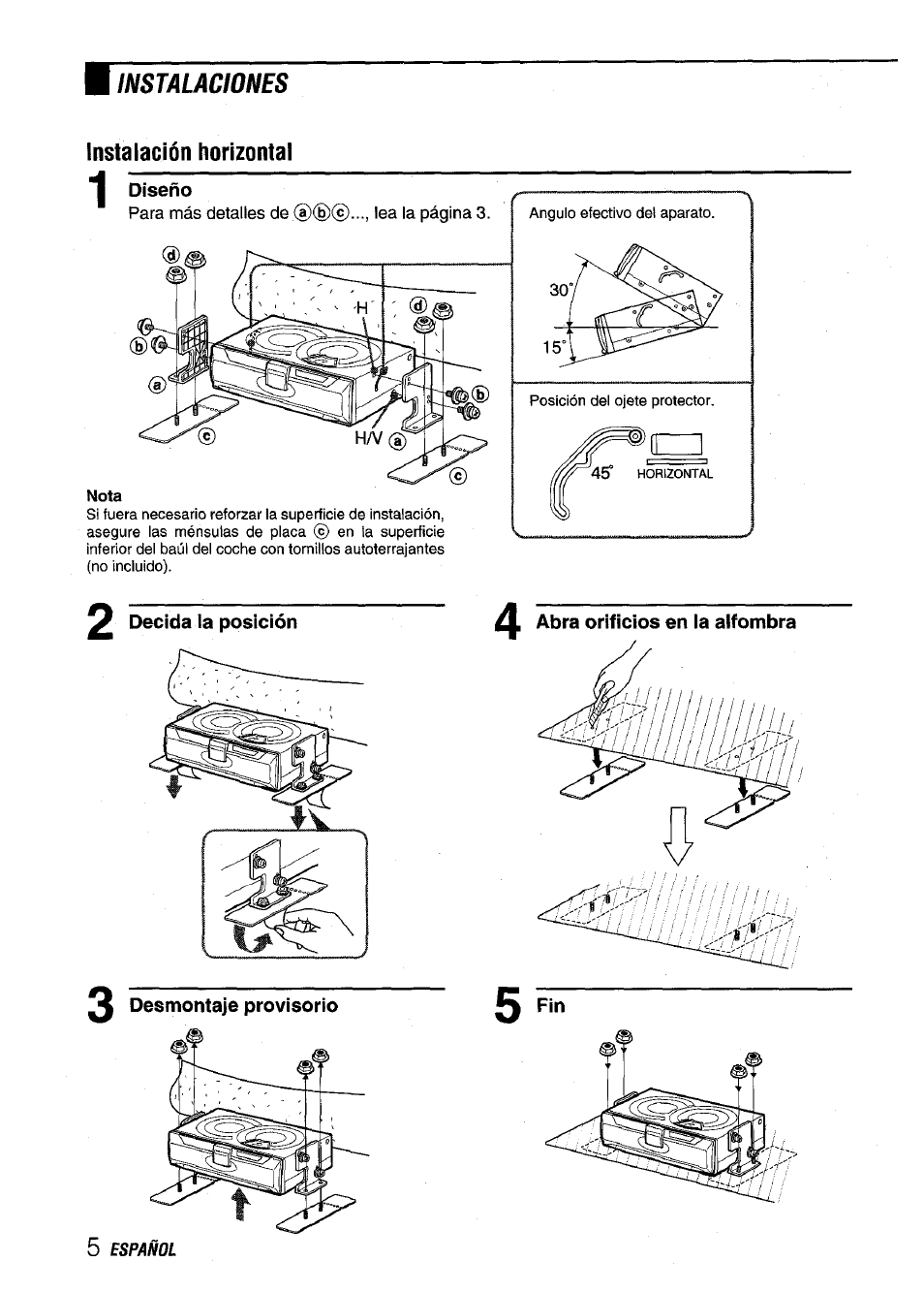 Instalaciones instalación horizontal | Aiwa ADC-M60 User Manual | Page 16 / 32