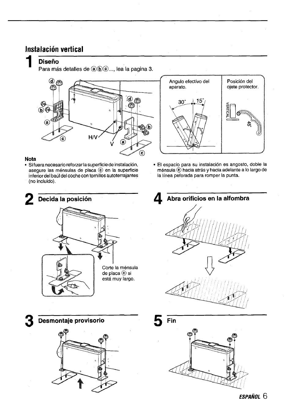 Diseño, Decida la posición, Desmontaje provisorio | Aiwa ADC-M60 User Manual | Page 17 / 32