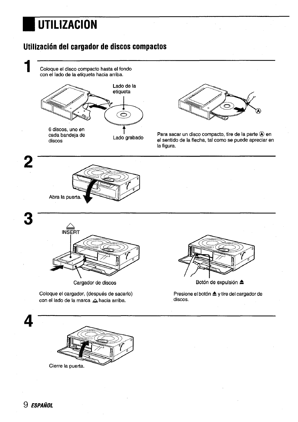 Utilizacion, Utilización del cargador de discos compactos | Aiwa ADC-M60 User Manual | Page 20 / 32