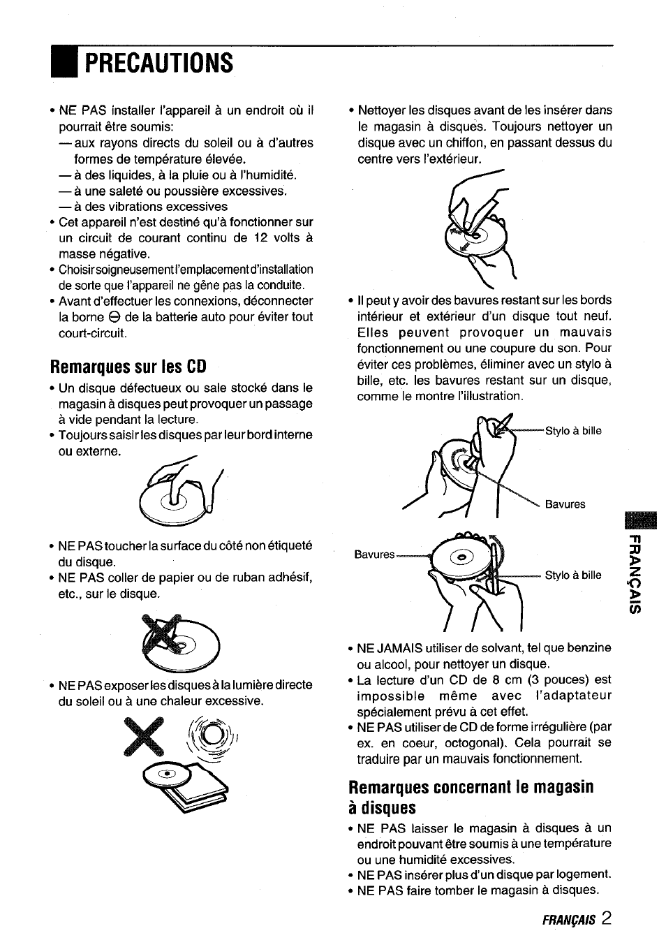 Precautions, Remarques sur les cd, Remarques concernant le magasin à disques | Precauciones | Aiwa ADC-M60 User Manual | Page 23 / 32