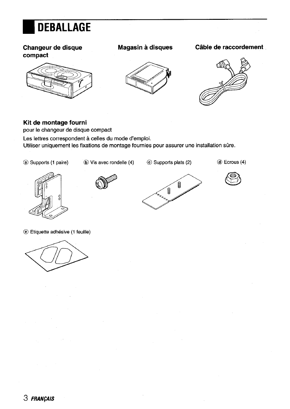 Deballage, Changeur de disque compact, Magasin à disques | Câble de raccordement, Kit de montage fourni | Aiwa ADC-M60 User Manual | Page 24 / 32