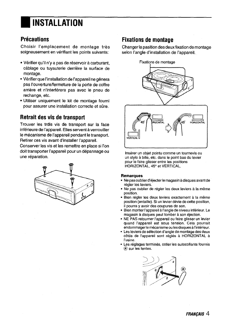 Installation, Précautions, Retrait des vis de transport | Fixations de montage, Instalaciones | Aiwa ADC-M60 User Manual | Page 25 / 32