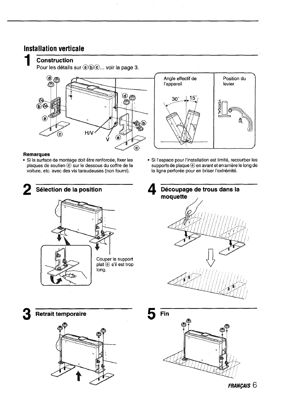 Construction, Sélection de la position, Retrait temporaire | Aiwa ADC-M60 User Manual | Page 27 / 32