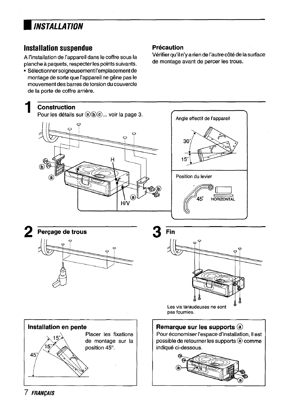 Installation suspendue, Précaution, 2 perçage de trous | Installation | Aiwa ADC-M60 User Manual | Page 28 / 32