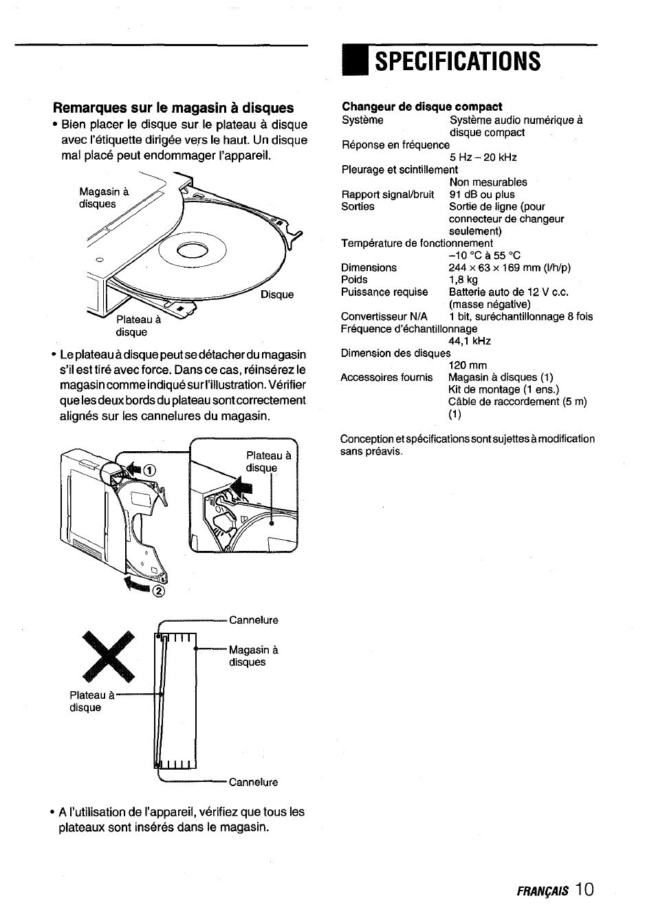 Specifications, Remarques sur le magasin à disques | Aiwa ADC-M60 User Manual | Page 31 / 32