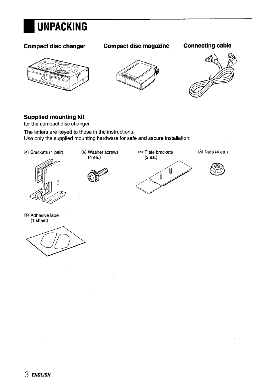 Unpacking, Suppiied mounting kit | Aiwa ADC-M60 User Manual | Page 4 / 32