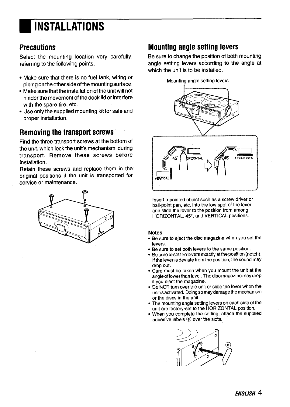 Installations, Precautions, Removing the transport screws | Mounting angle setting levers | Aiwa ADC-M60 User Manual | Page 5 / 32
