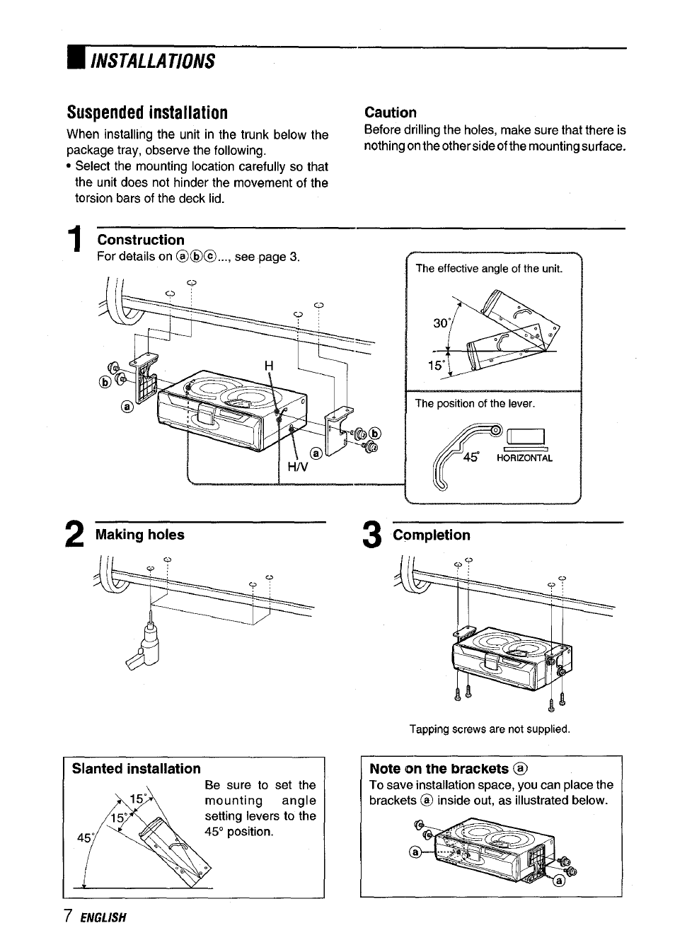 Suspended installation, Caution, 2 making hoies | 2 compietion, Note on the brackets, Installations | Aiwa ADC-M60 User Manual | Page 8 / 32