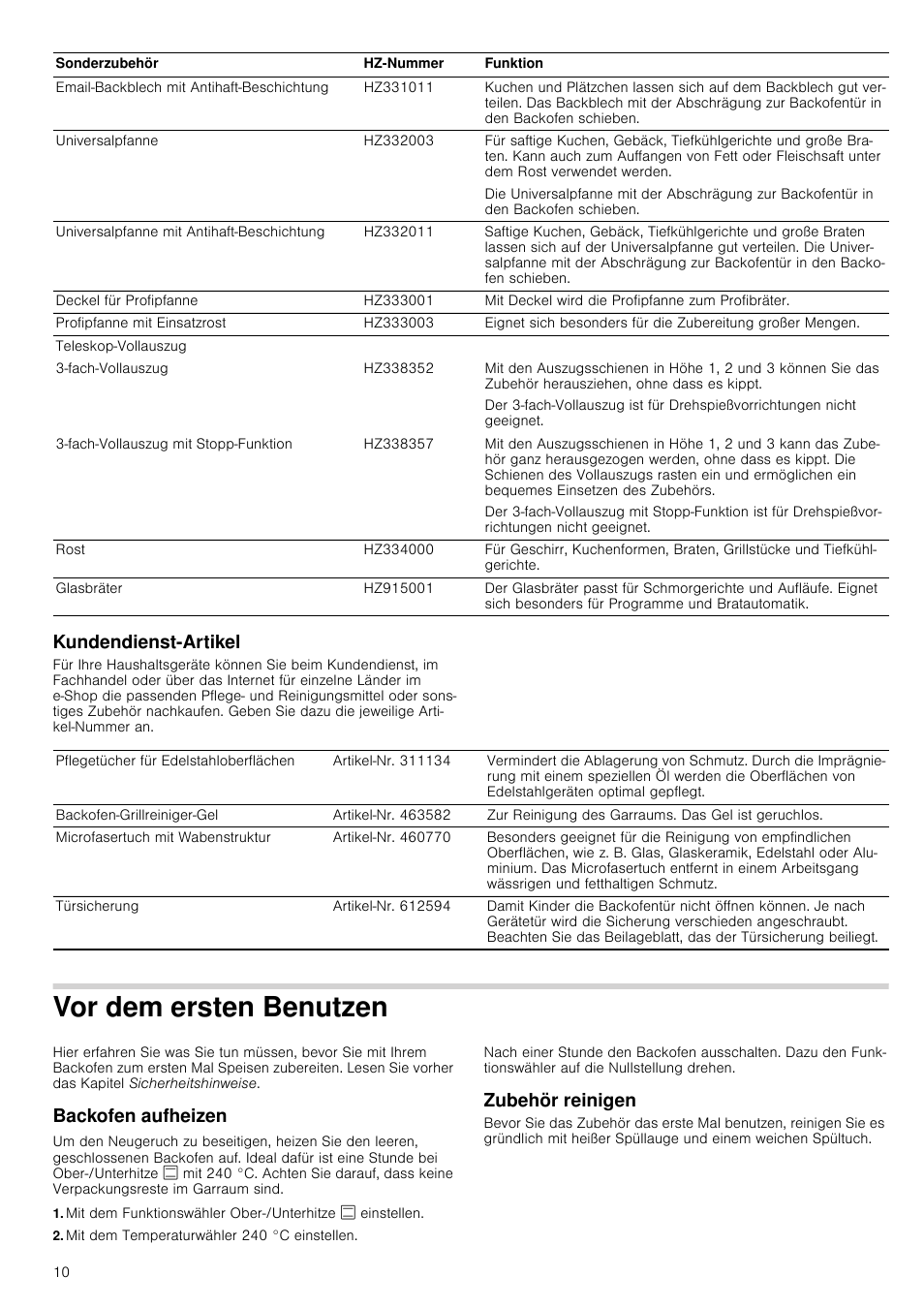 Kundendienst-artikel, Vor dem ersten benutzen, Backofen aufheizen | Mit dem temperaturwähler 240 °c einstellen, Zubehör reinigen | Siemens HC724220 User Manual | Page 10 / 104