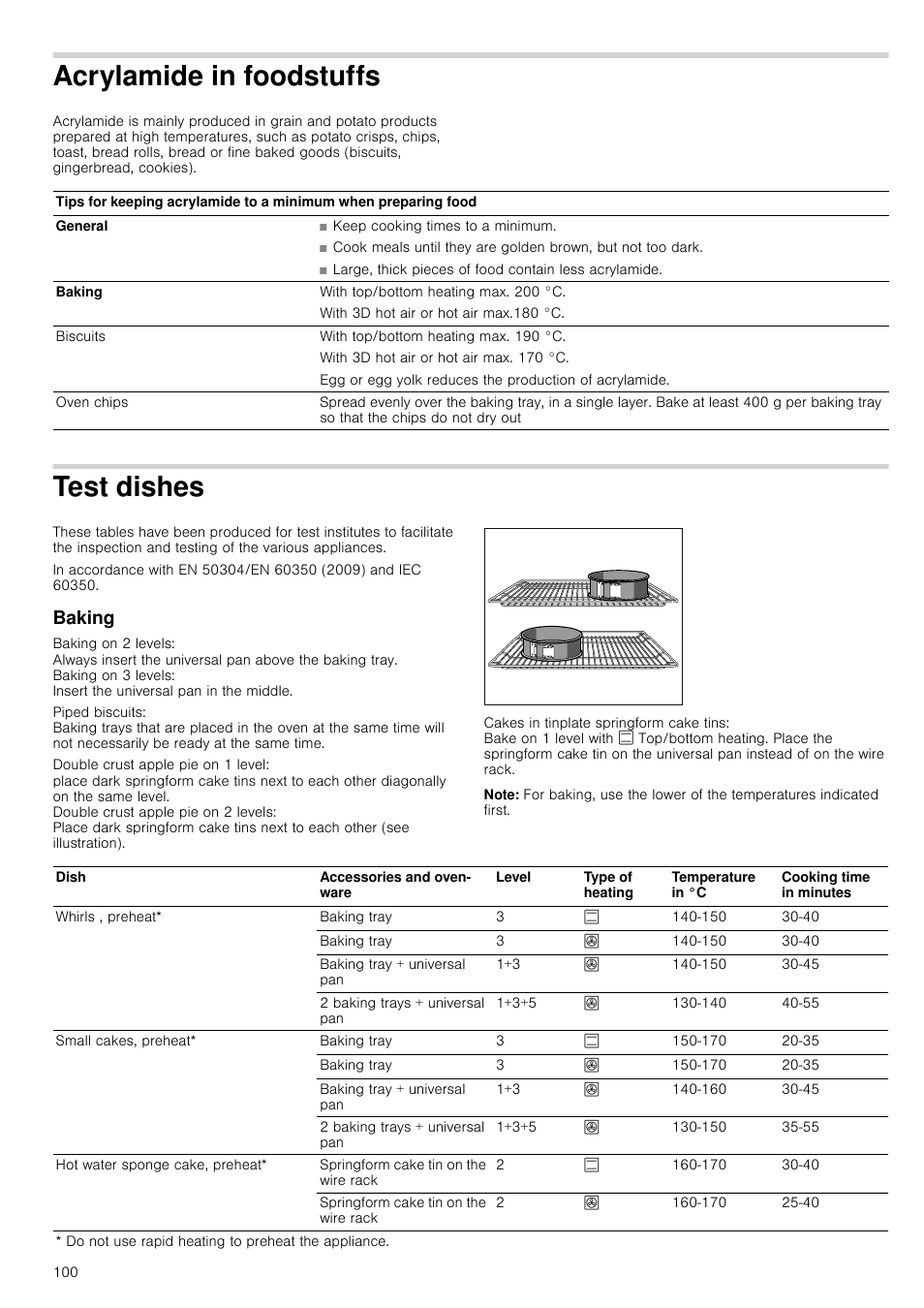 Acrylamide in foodstuffs, Test dishes, Baking | Note, St dishes | Siemens HC724220 User Manual | Page 100 / 104