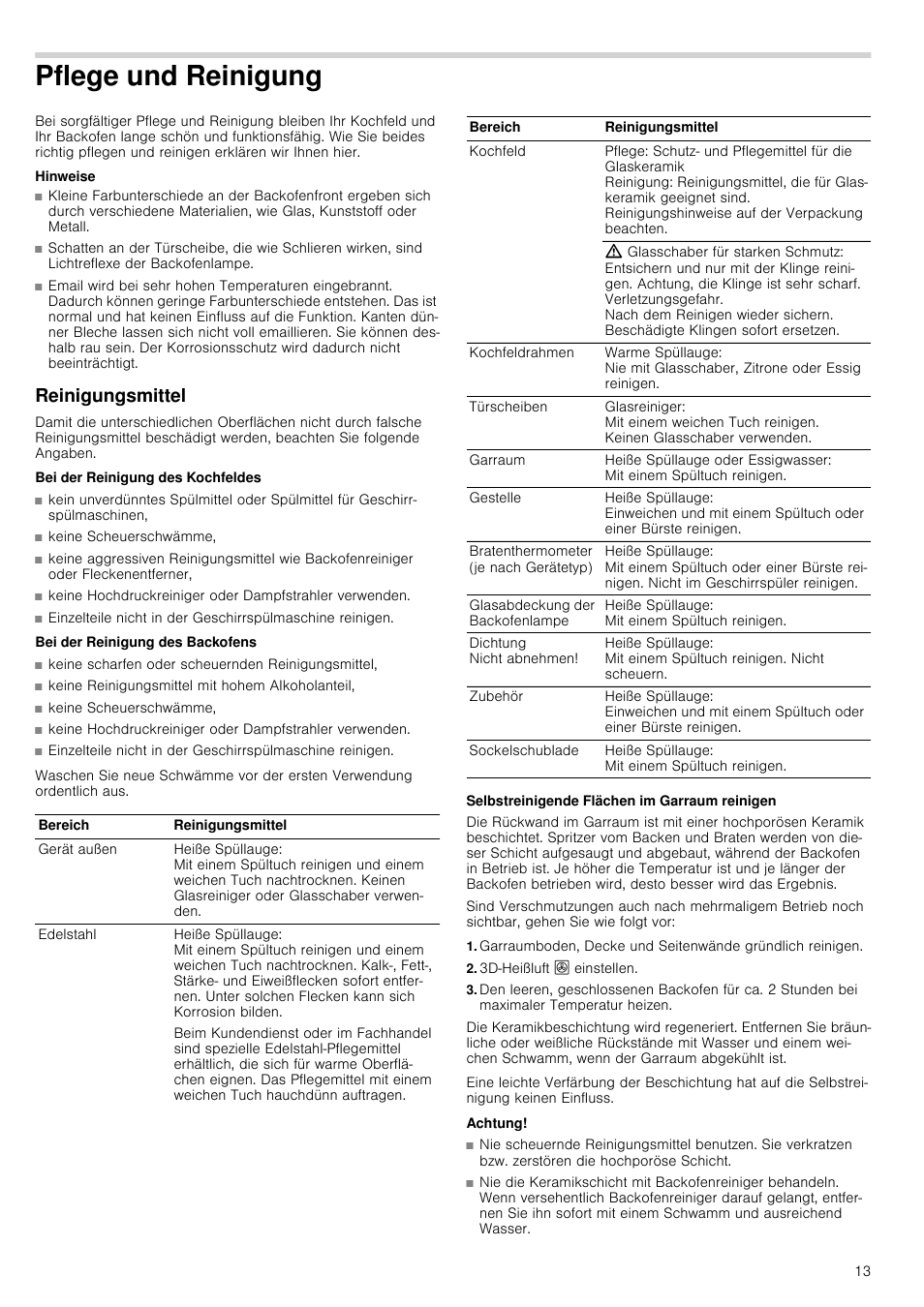 Pflege und reinigung, Hinweise, Reinigungsmittel | Bei der reinigung des kochfeldes, Bei der reinigung des backofens, Selbstreinigende flächen im garraum reinigen, 3d-heißluft : einstellen, Achtung, E und reinigung | Siemens HC724220 User Manual | Page 13 / 104