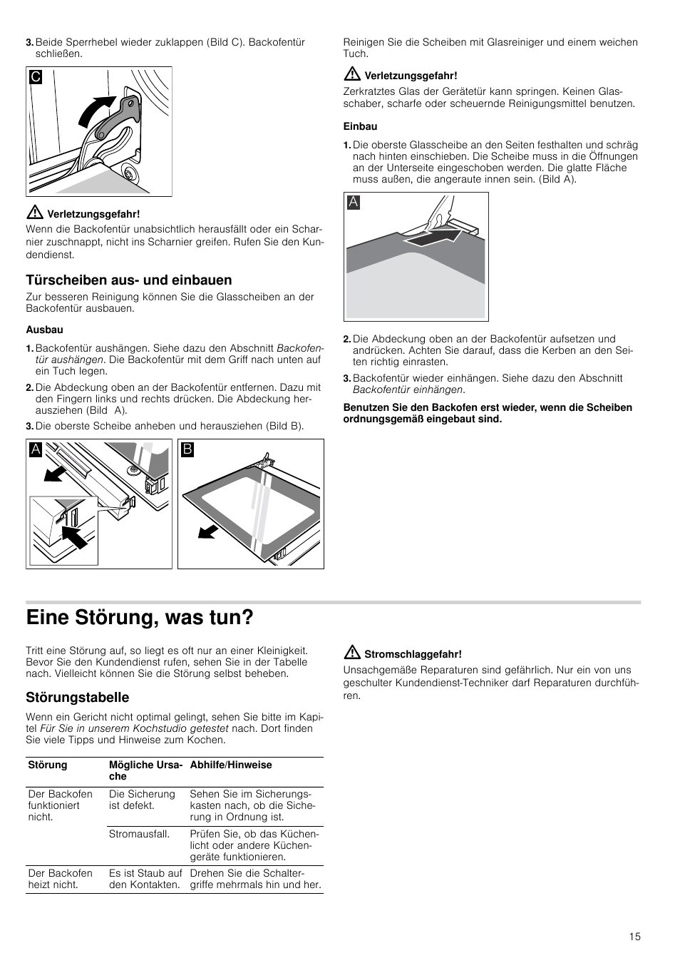 Verletzungsgefahr, Türscheiben aus- und einbauen, Ausbau | Einbau, Eine störung, was tun, Störungstabelle, Stromschlaggefahr | Siemens HC724220 User Manual | Page 15 / 104