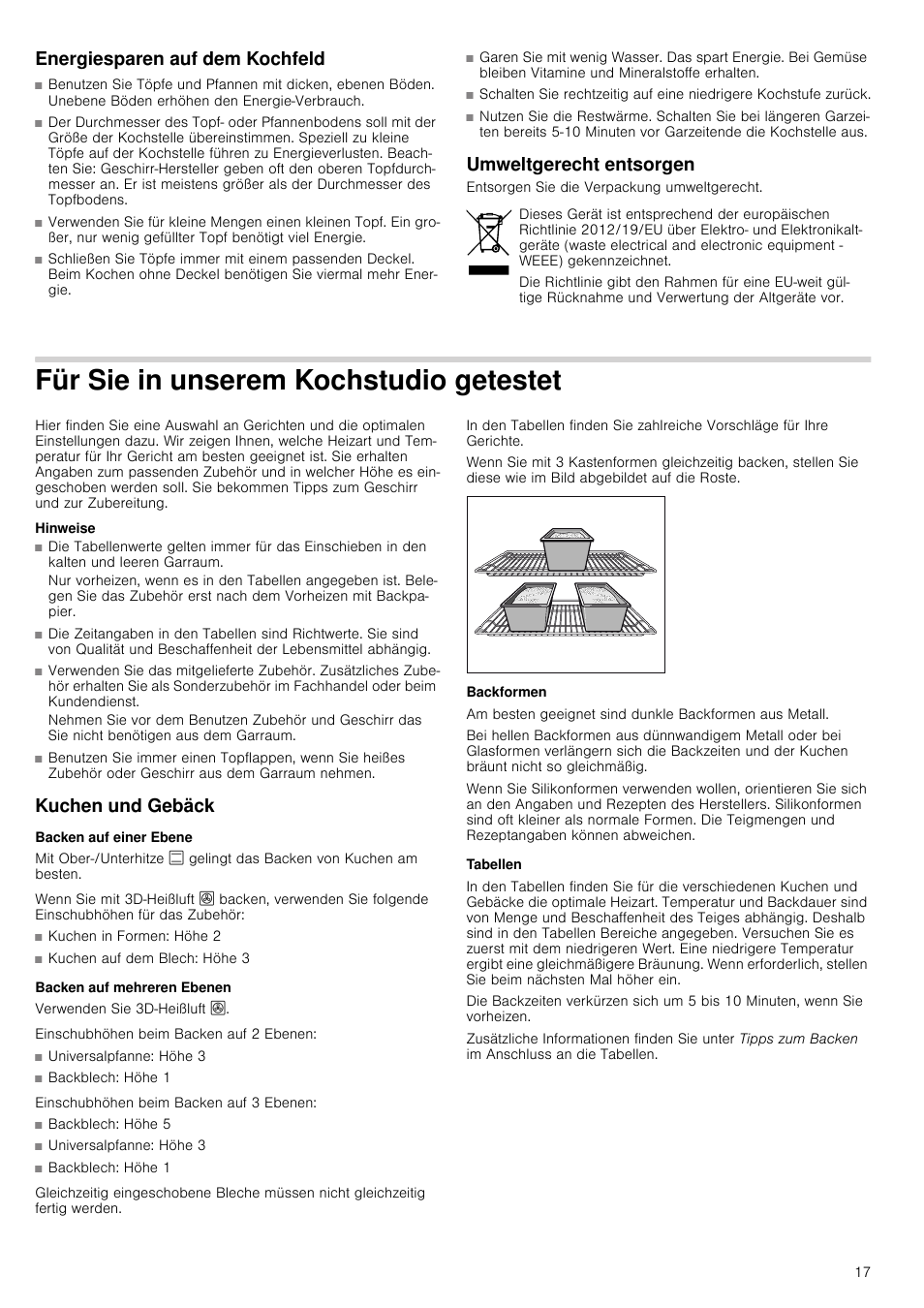 Energiesparen auf dem kochfeld, Umweltgerecht entsorgen, Für sie in unserem kochstudio getestet | Hinweise, Kuchen und gebäck, Backen auf einer ebene, Backen auf mehreren ebenen, Backformen, Tabellen | Siemens HC724220 User Manual | Page 17 / 104