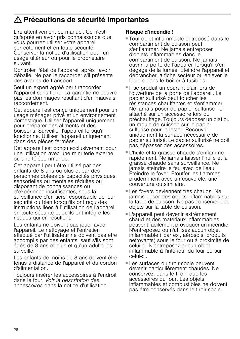 Précautions de sécurité importantes, Risque d'incendie | Siemens HC724220 User Manual | Page 28 / 104