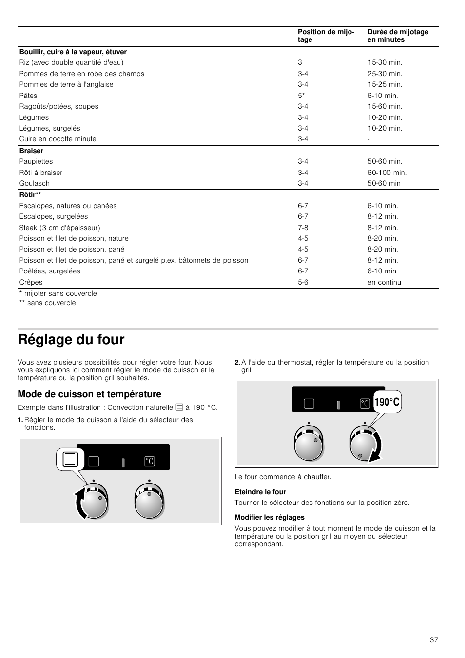 Réglage du four, Mode de cuisson et température, Eteindre le four | Modifier les réglages | Siemens HC724220 User Manual | Page 37 / 104