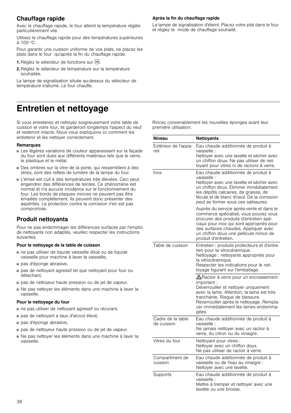 Chauffage rapide, Réglez le sélecteur de fonctions sur i, Après la fin du chauffage rapide | Entretien et nettoyage, Remarques, Produit nettoyants, Pour le nettoyage de la table de cuisson, Pour le nettoyage du four | Siemens HC724220 User Manual | Page 38 / 104