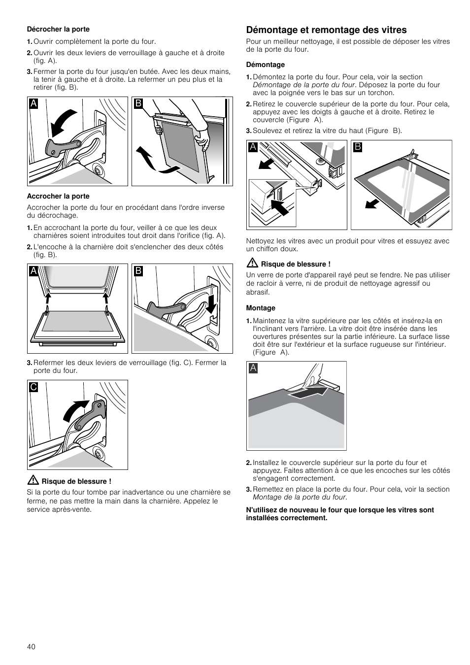 Décrocher la porte, Ouvrir complètement la porte du four, Accrocher la porte | Risque de blessure, Démontage et remontage des vitres, Démontage, Soulevez et retirez la vitre du haut (figure b), Montage | Siemens HC724220 User Manual | Page 40 / 104