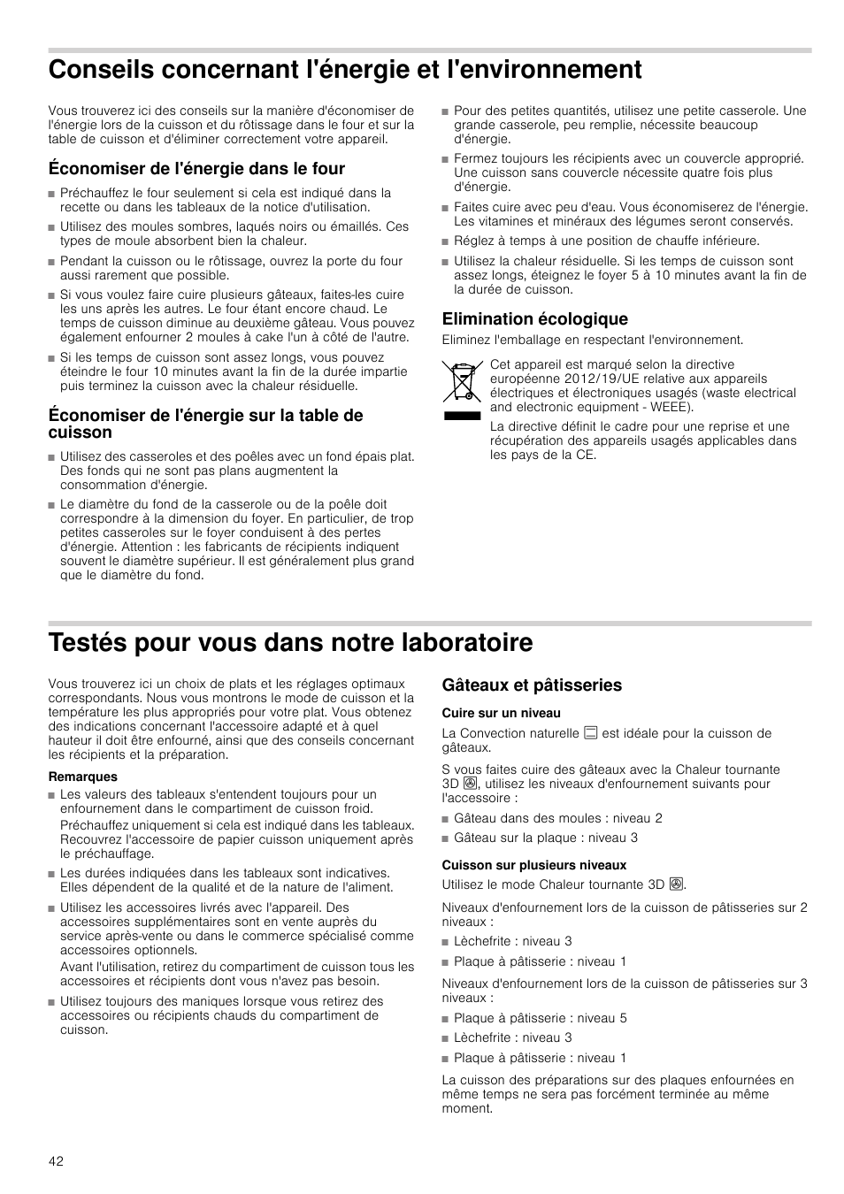 Conseils concernant l'énergie et l'environnement, Économiser de l'énergie dans le four, Économiser de l'énergie sur la table de cuisson | Elimination écologique, Testés pour vous dans notre laboratoire, Remarques, Gâteaux et pâtisseries, Cuire sur un niveau, Cuisson sur plusieurs niveaux | Siemens HC724220 User Manual | Page 42 / 104