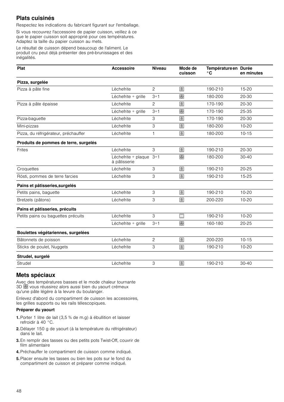 Plats cuisinés, Mets spéciaux | Siemens HC724220 User Manual | Page 48 / 104