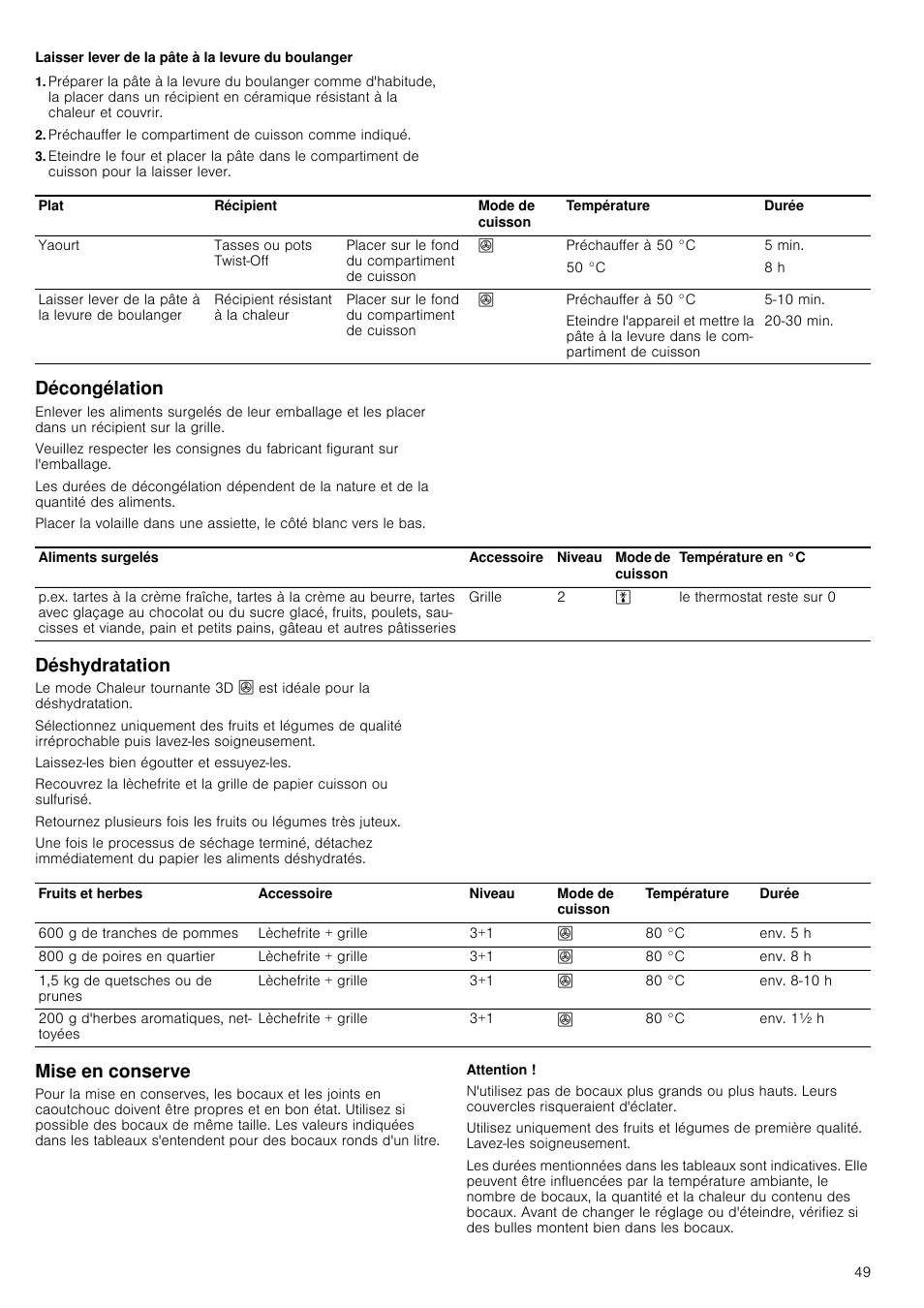 Décongélation, Déshydratation, Mise en conserve | Attention, Décongélation déshydratation | Siemens HC724220 User Manual | Page 49 / 104