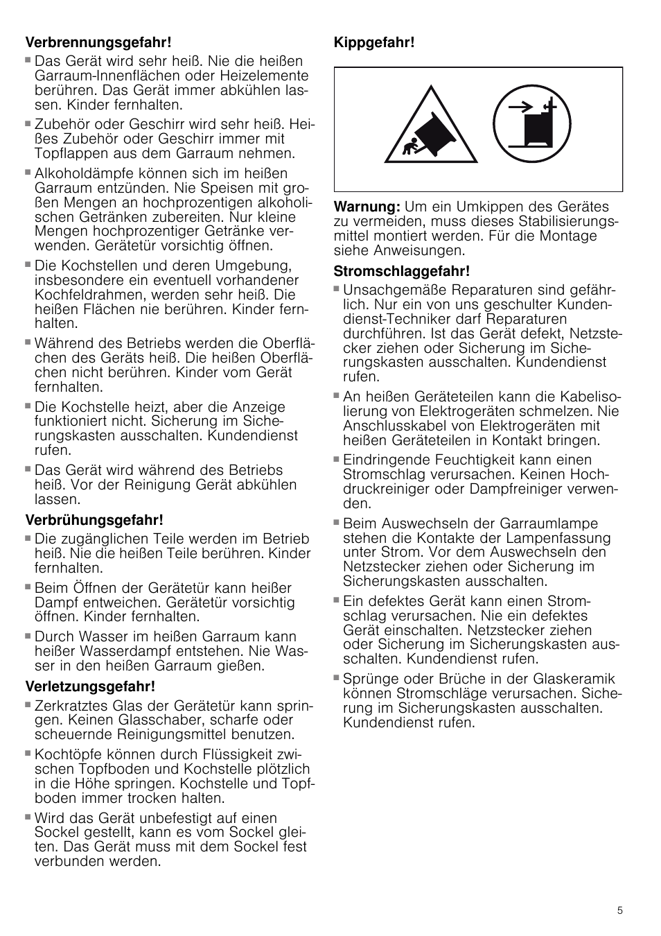 Verbrennungsgefahr, Verbrühungsgefahr, Verletzungsgefahr | Kippgefahr, Stromschlaggefahr | Siemens HC724220 User Manual | Page 5 / 104