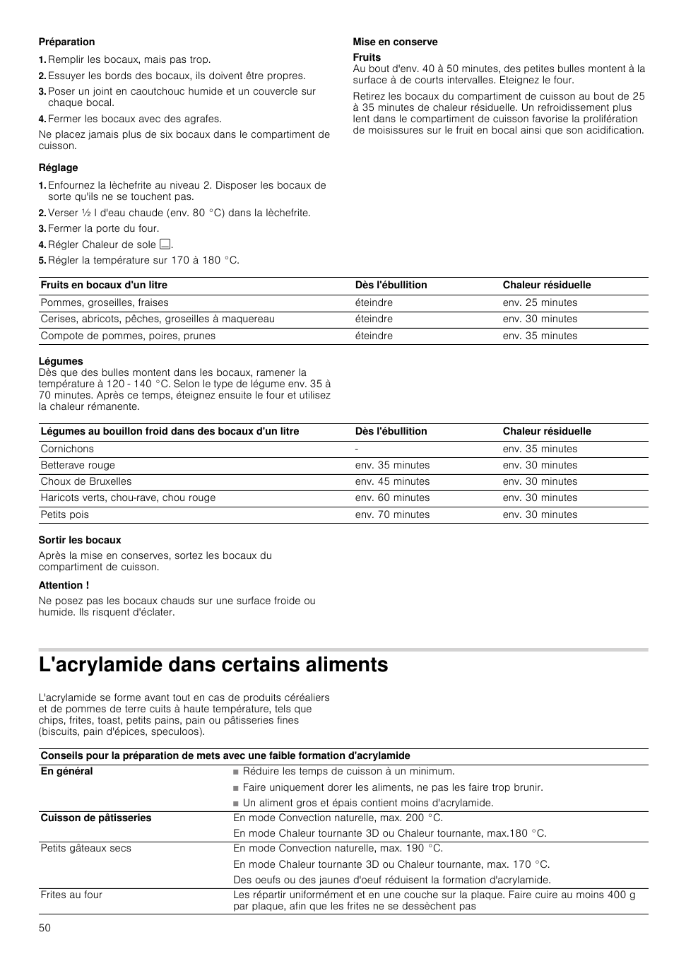 Préparation, Remplir les bocaux, mais pas trop, Fermer les bocaux avec des agrafes | Réglage, Fermer la porte du four, Régler chaleur de sole, Régler la température sur 170 à 180 °c, Mise en conserve, Sortir les bocaux, Attention | Siemens HC724220 User Manual | Page 50 / 104
