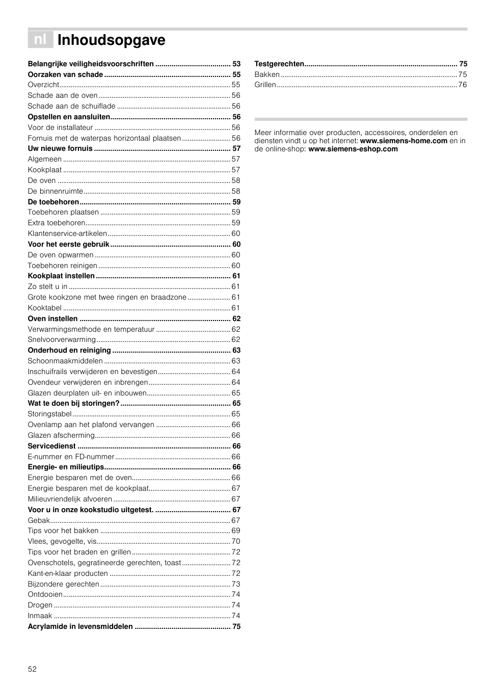 É inhoudsopgave[nl] gebruiksaanwijzing, Heuxlnvddqzlm]lqj, Inhoudsopgave | Siemens HC724220 User Manual | Page 52 / 104