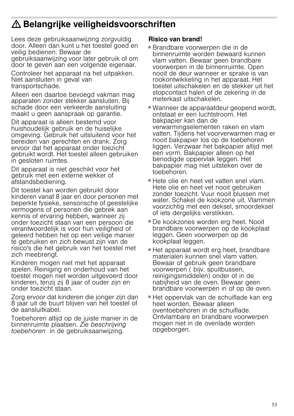 Belangrijke veiligheidsvoorschriften, Risico van brand, Brandgevaar | Siemens HC724220 User Manual | Page 53 / 104