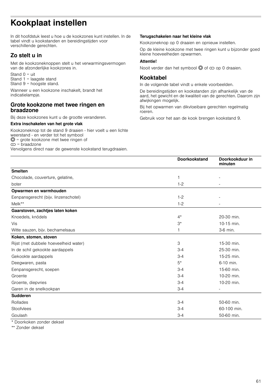 Kookplaat instellen, Zo stelt u in, Grote kookzone met twee ringen en braadzone | Attentie, Kooktabel, Ellen | Siemens HC724220 User Manual | Page 61 / 104