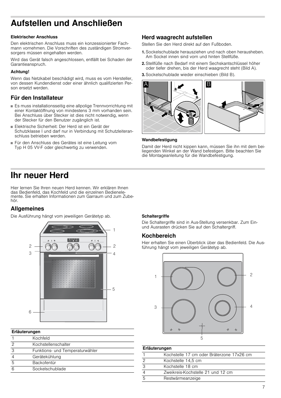 Aufstellen und anschließen, Achtung, Für den installateur | Herd waagrecht aufstellen, Sockelschublade wieder einschieben (bild b), Wandbefestigung, Ihr neuer herd, Allgemeines, Schaltergriffe, Kochbereich | Siemens HC724220 User Manual | Page 7 / 104