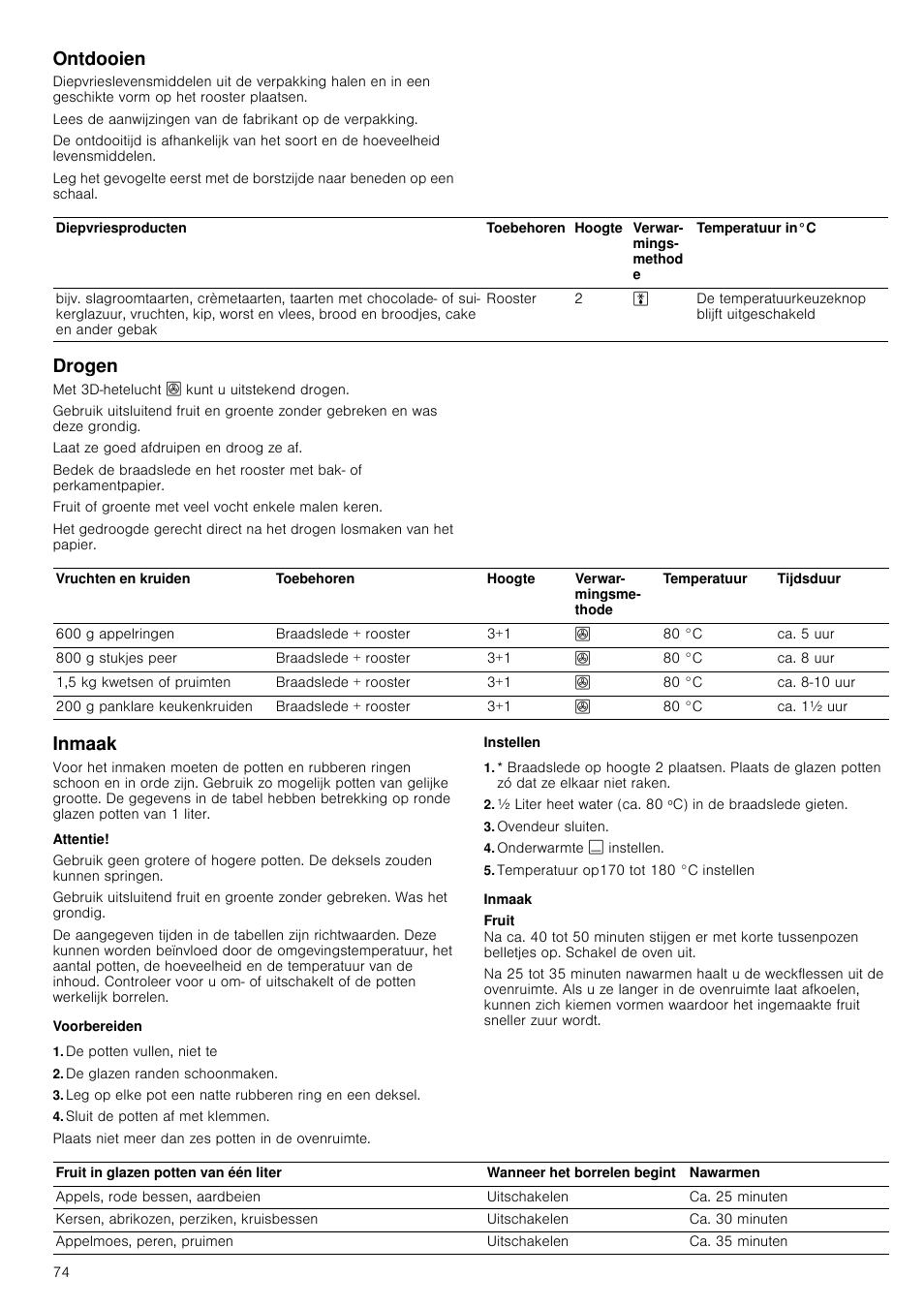 Ontdooien, Drogen, Inmaak | Attentie, Voorbereiden, De potten vullen, niet te, De glazen randen schoonmaken, Sluit de potten af met klemmen, Instellen, Ovendeur sluiten | Siemens HC724220 User Manual | Page 74 / 104