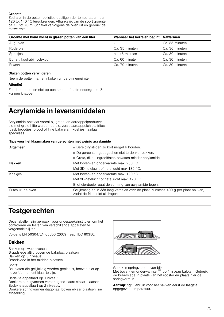 Glazen potten verwijderen, Attentie, Acrylamide in levensmiddelen | Testgerechten, Bakken, Aanwijzing | Siemens HC724220 User Manual | Page 75 / 104