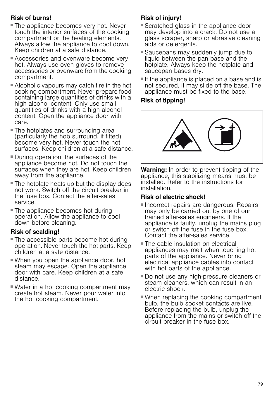 Risk of burns, Risk of serious burns, Risk of scalding | Risk of injury, Risk of tipping, Risk of electric shock, Risk of electric shock and serious injury | Siemens HC724220 User Manual | Page 79 / 104