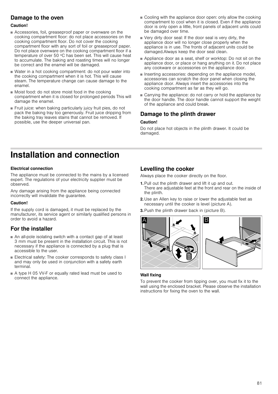 Damage to the oven, Caution, Damage to the plinth drawer | Installation and connection, For the installer, Levelling the cooker, Push the plinth drawer back in (picture b), Wall fixing | Siemens HC724220 User Manual | Page 81 / 104