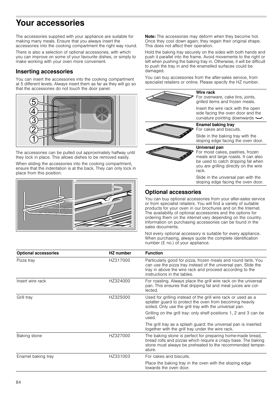 Your accessories, Inserting accessories, Note | Optional accessories, Inserting accessories optional accessories | Siemens HC724220 User Manual | Page 84 / 104