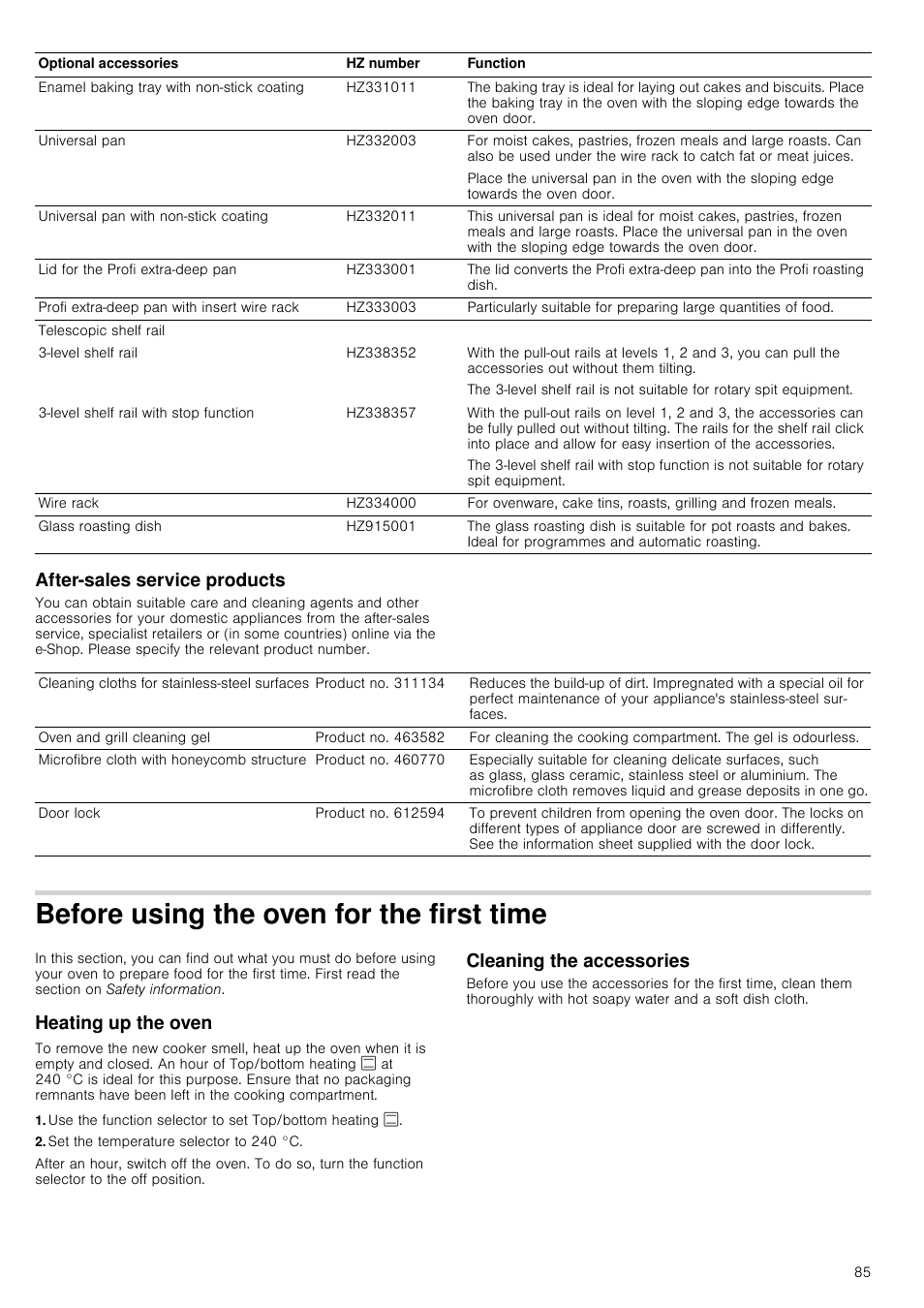 After-sales service products, Before using the oven for the first time, Heating up the oven | Set the temperature selector to 240 °c, Cleaning the accessories | Siemens HC724220 User Manual | Page 85 / 104