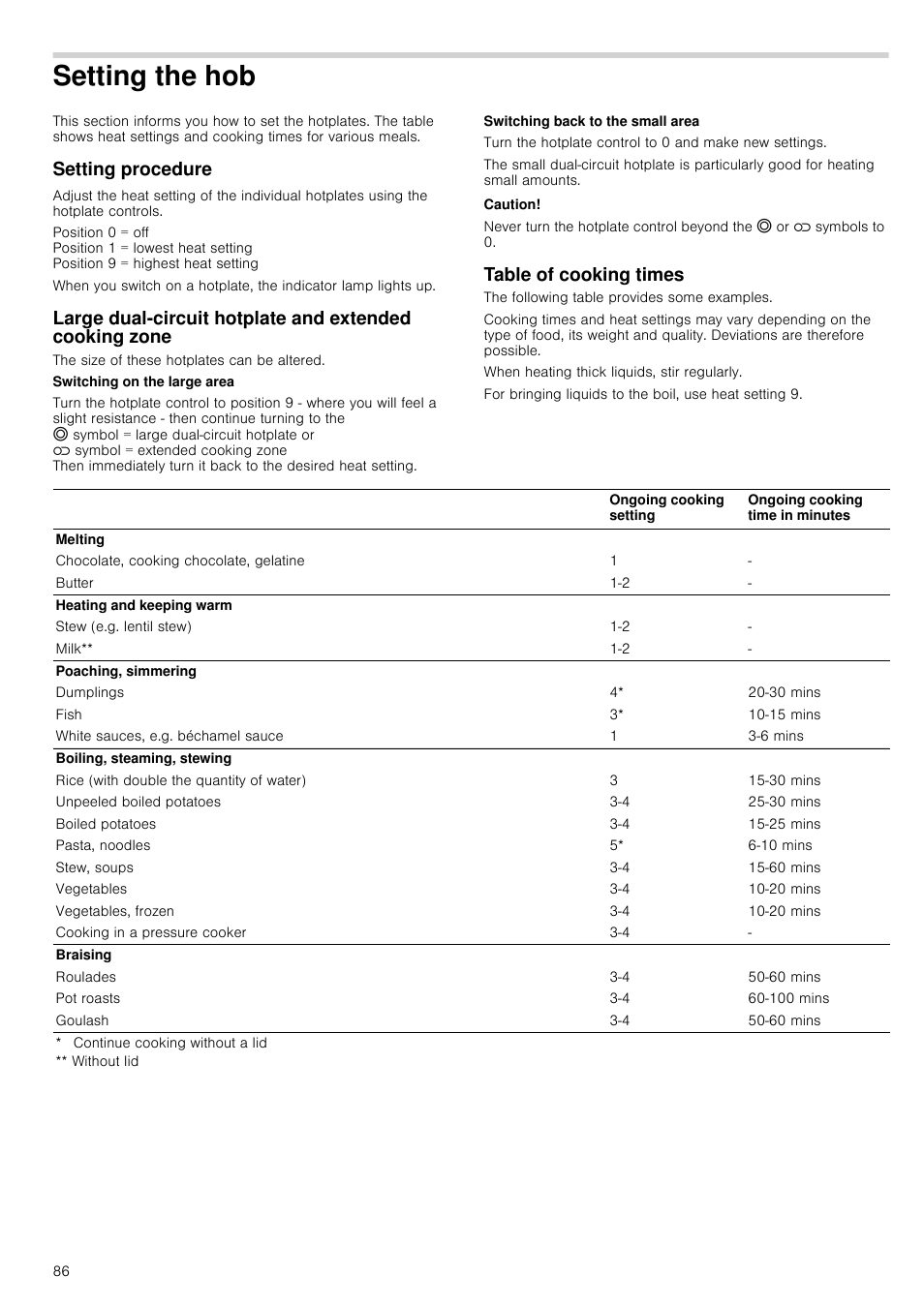 Setting the hob, Setting procedure, Caution | Table of cooking times | Siemens HC724220 User Manual | Page 86 / 104