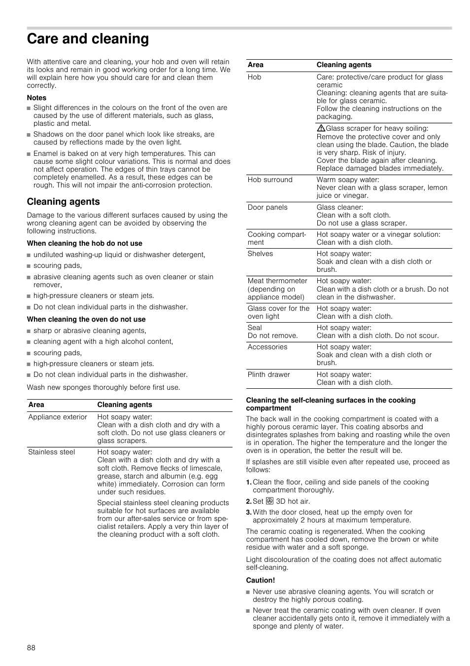 Care and cleaning, Notes, Cleaning agents | When cleaning the hob do not use, When cleaning the oven do not use, Set : 3d hot air, Caution | Siemens HC724220 User Manual | Page 88 / 104