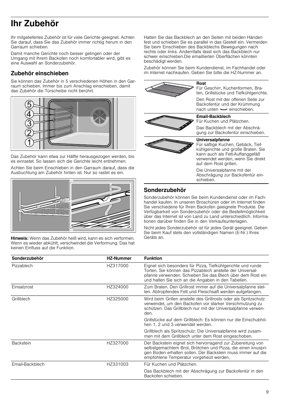 Ihr zubehör, Zubehör einschieben, Hinweis | Sonderzubehör | Siemens HC724220 User Manual | Page 9 / 104