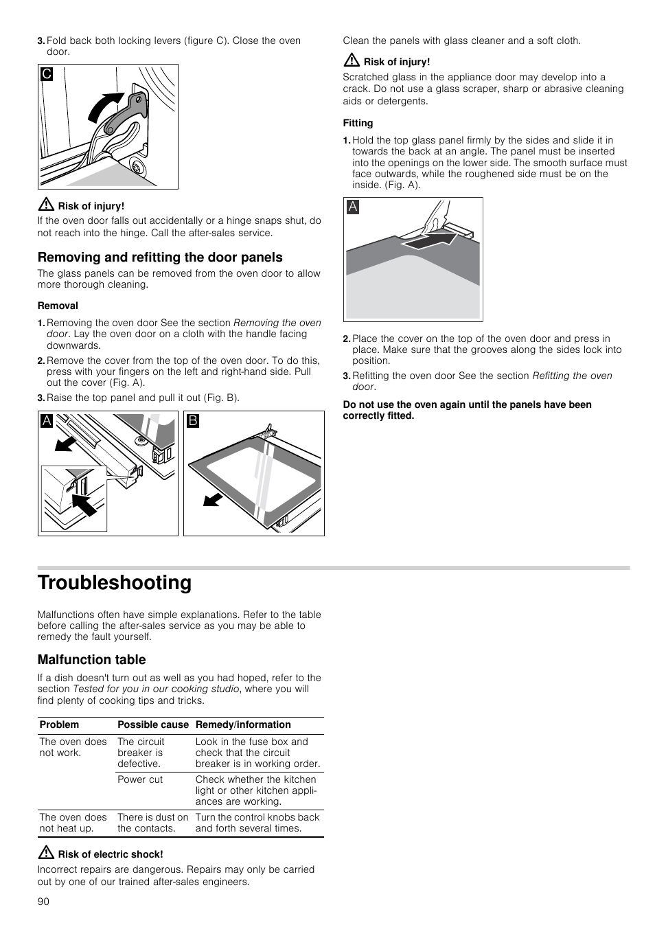 Risk of injury, Removing and refitting the door panels, Removal | Raise the top panel and pull it out (fig. b), Fitting, Troubleshooting, Malfunction table, Risk of electric shock | Siemens HC724220 User Manual | Page 90 / 104