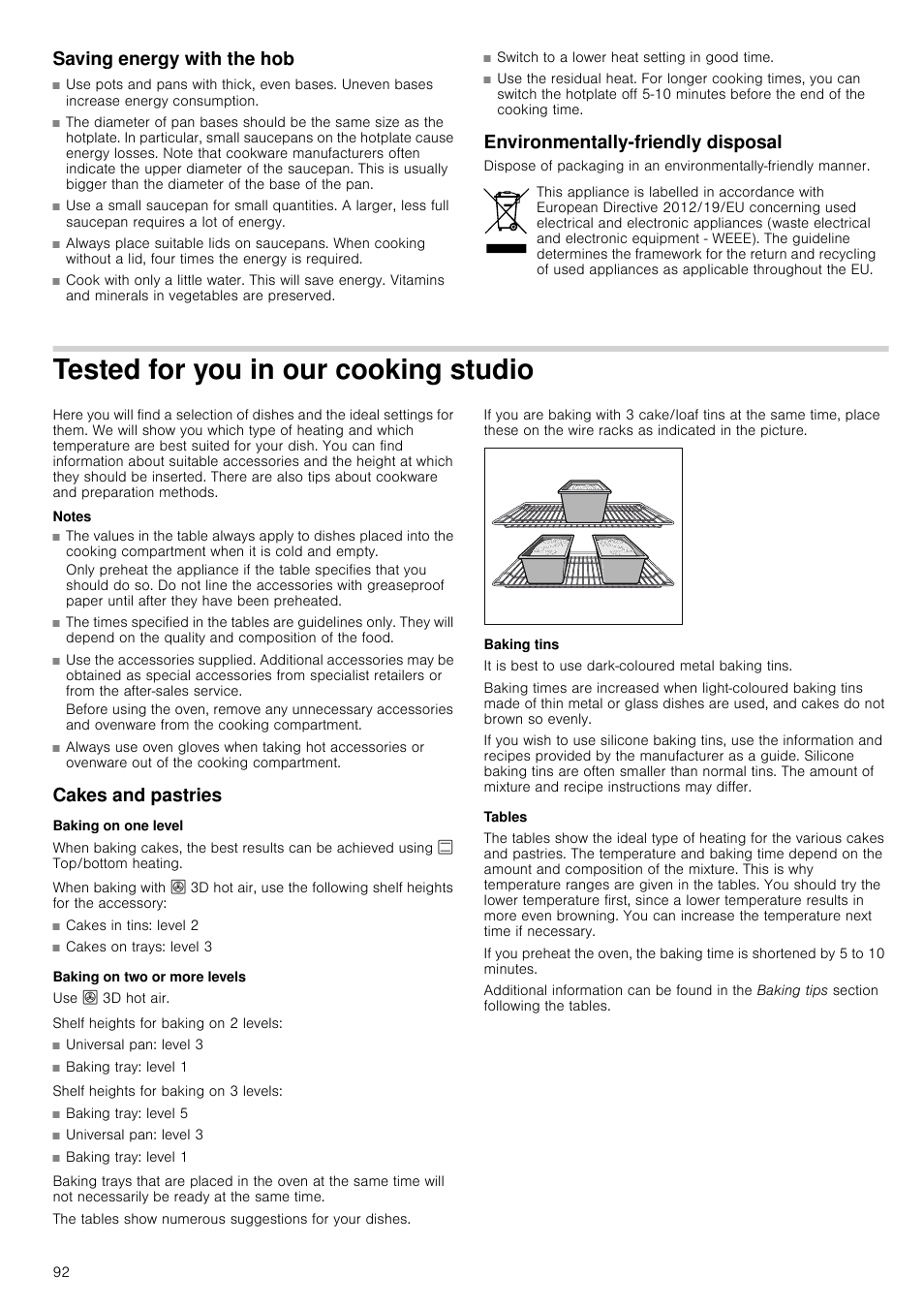 Saving energy with the hob, Environmentally-friendly disposal, Tested for you in our cooking studio | Notes, Cakes and pastries, Baking on one level, Baking on two or more levels, Baking tins, Tables | Siemens HC724220 User Manual | Page 92 / 104