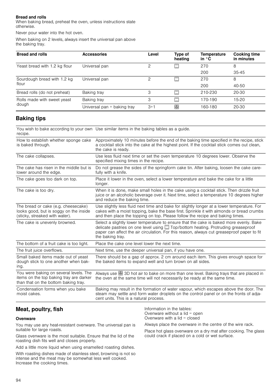 Baking tips, Meat, poultry, fish, Ovenware | Baking tips meat, poultry, fish | Siemens HC724220 User Manual | Page 94 / 104