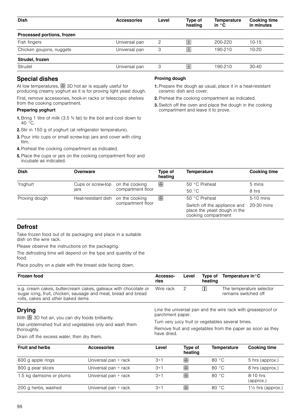 Special dishes, Preheat the cooking compartment as indicated, Defrost | Drying | Siemens HC724220 User Manual | Page 98 / 104